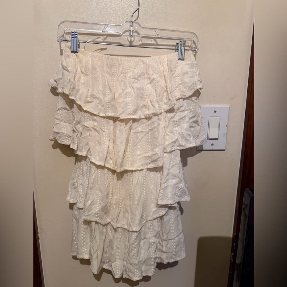 Express Strapless Tiered Ruffle Dress in Cream